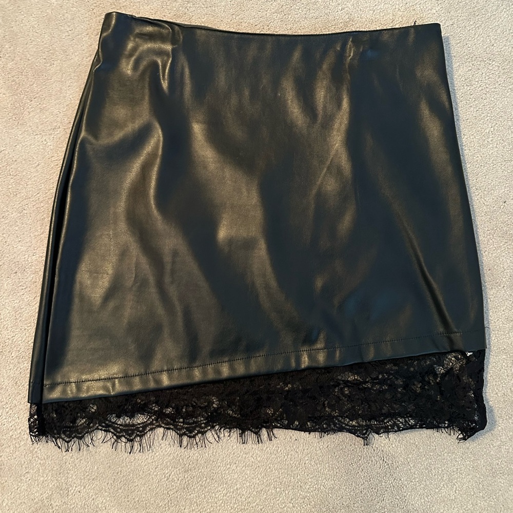 SHEIN Black Leather Mini Skirt with Lace Hem